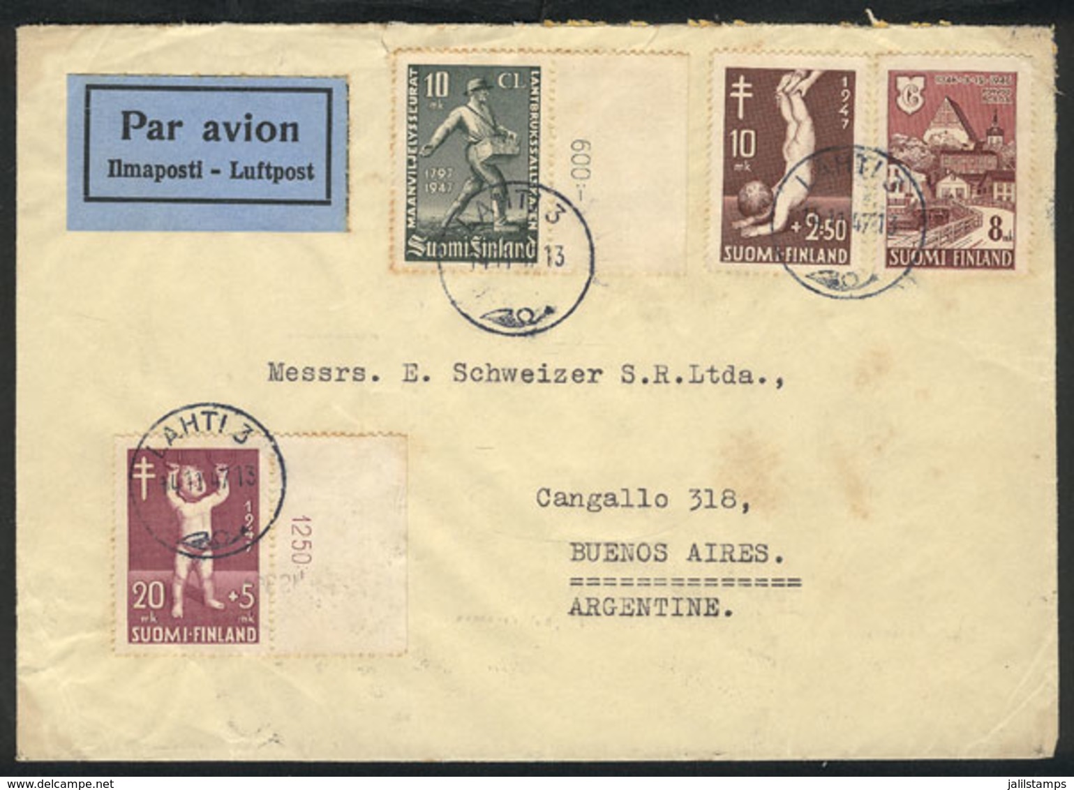 602 FINLAND: Airmail Cover Sent From Lahti To Argentina On 14/NO/1947 With Nice Postage! - Andere & Zonder Classificatie