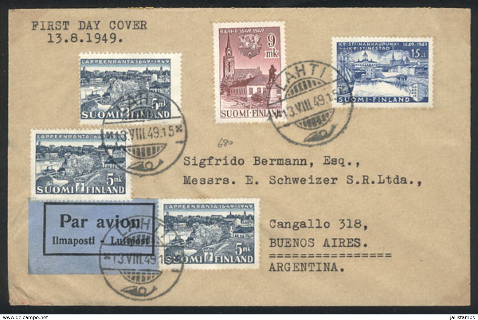 609 FINLAND: Airmail Cover Franked By Sc.285/287, Sent From Lahti To Argentina On 13/AU/1949 (first Day Of Issue), VF Qu - Other & Unclassified