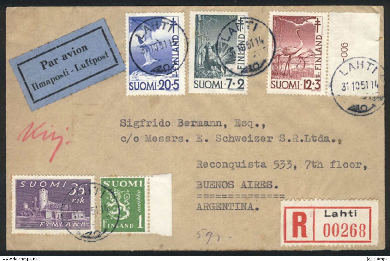 614 FINLAND: Registered Airmail Cover Sent From Lahti To Argentina On 31/OC/1951 With Very Good Postage: Sc.B107/9 (bird - Autres & Non Classés