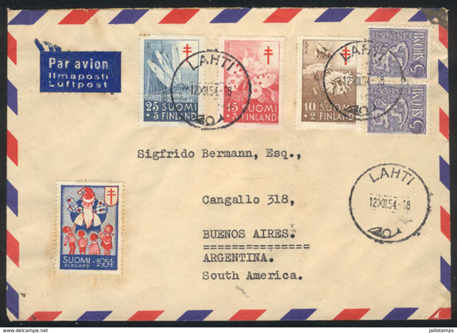 618 FINLAND: Airmail Cover Franked By Sc.B126/8 (insects) + Other Values, Sent From Lahti To Argentina On 12/DE/1954, Ve - Autres & Non Classés