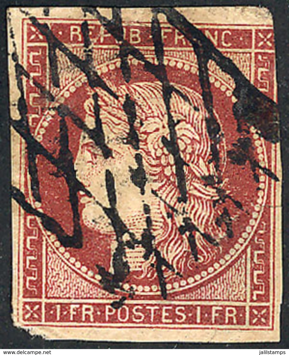 622 FRANCE: Yvert 6, 1849 Ceres 1Fr. Dark Carmine, With Defects (thin On Reverse And Tear), Very Good Appeal, Catalog Va - Autres & Non Classés