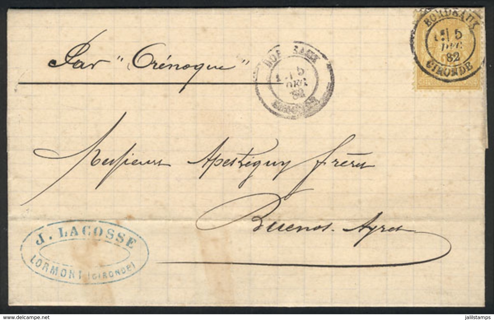 634 FRANCE: Entire Letter Sent From Lormont To Buenos Aires On 5/DE/1882 By Steamer 'Orenoque', Franked With 25c., VF Qu - Autres & Non Classés