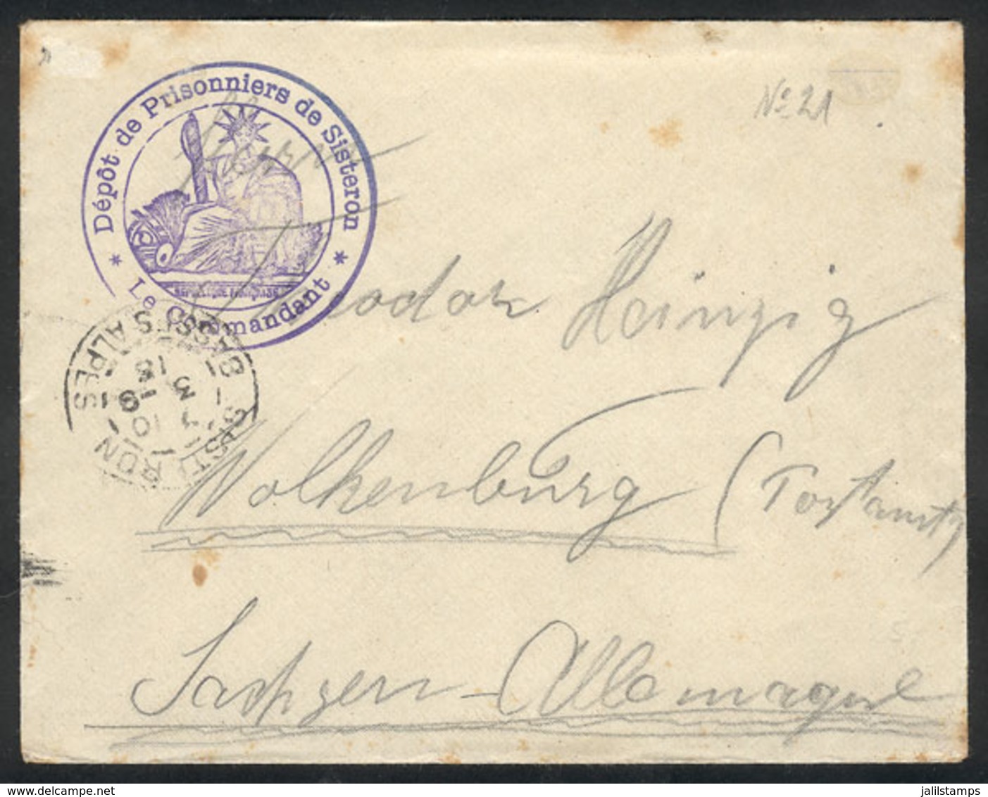 636 FRANCE: "Cover With Free Frank For Prisoners Of War Sent From Sisteron To Germany On 3/SE/1915, With Violet Mark ""D - Andere & Zonder Classificatie