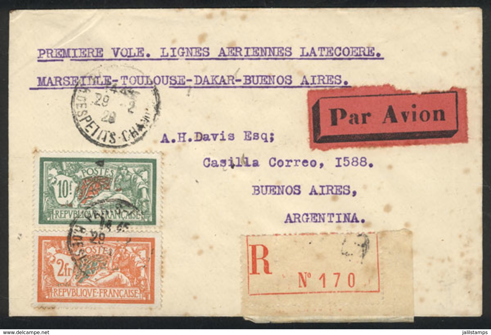 637 FRANCE: 29/FE/1928 First Flight Marseille - Buenos Aires By Letecoere Airlines, Arrival Backstamp Of 17/MAR, Rare! - Other & Unclassified