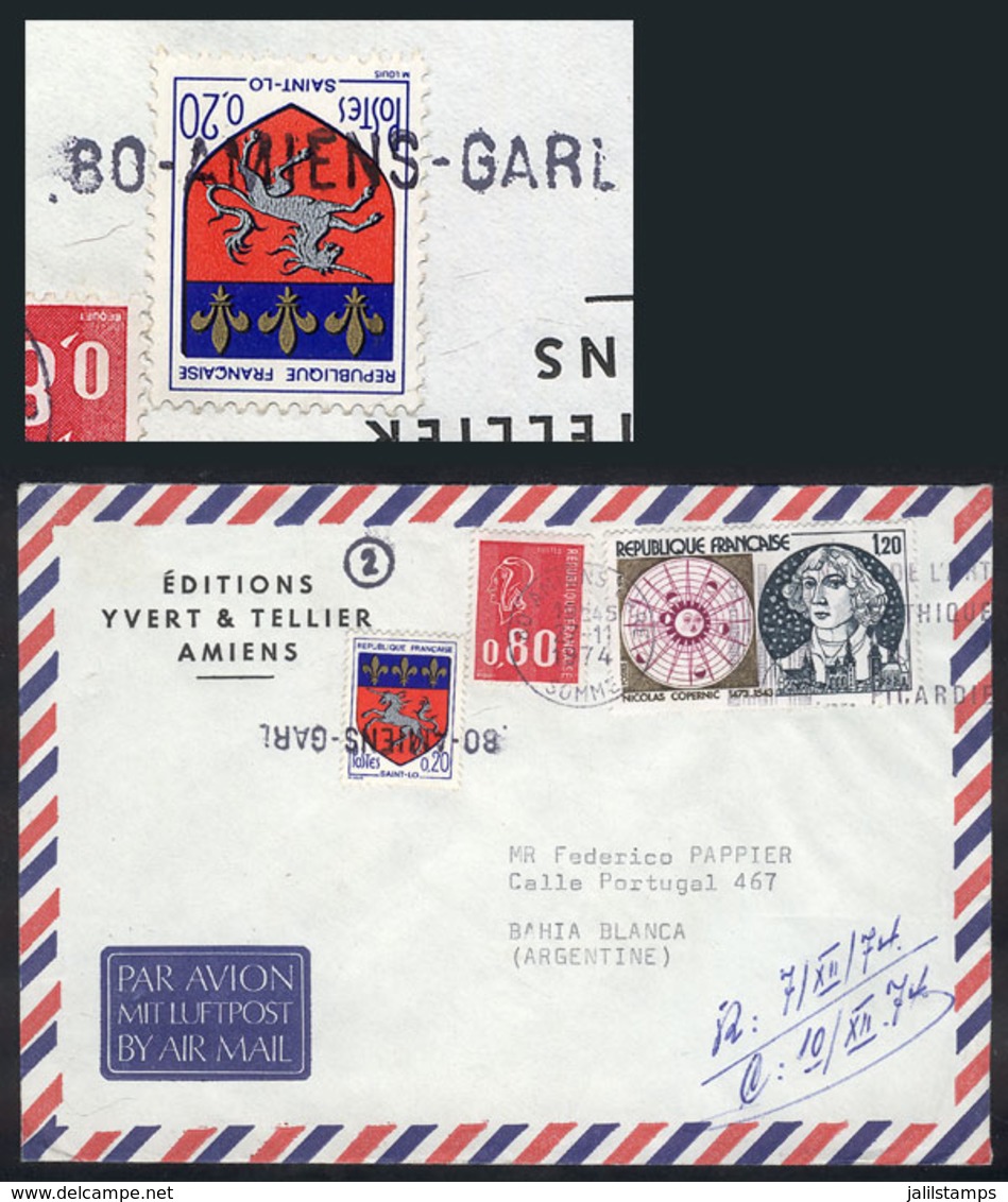 645 FRANCE: "Airmail Cover Sent From Amiens To Argentina On 27/NO/1974, Franked With 3 Stamps, The 2 Affixed Higher Up O - Autres & Non Classés