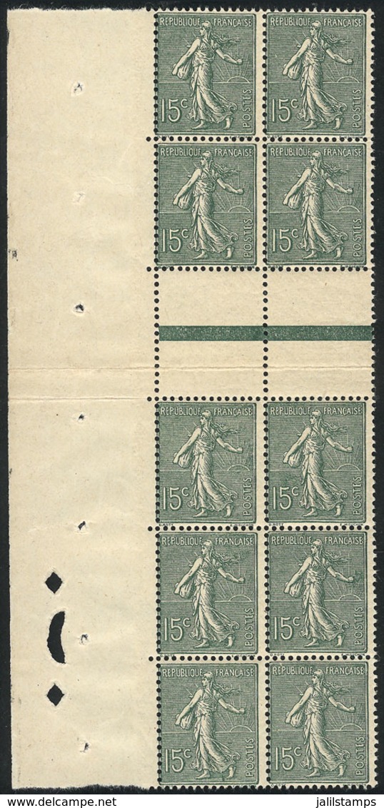 647 FRANCE: Sc.139c, 1903/38 Marianne Sower 15c., Block Of 10 Stamps With Horizontal Gutter, Printed On GC Paper, MNH, V - Collections