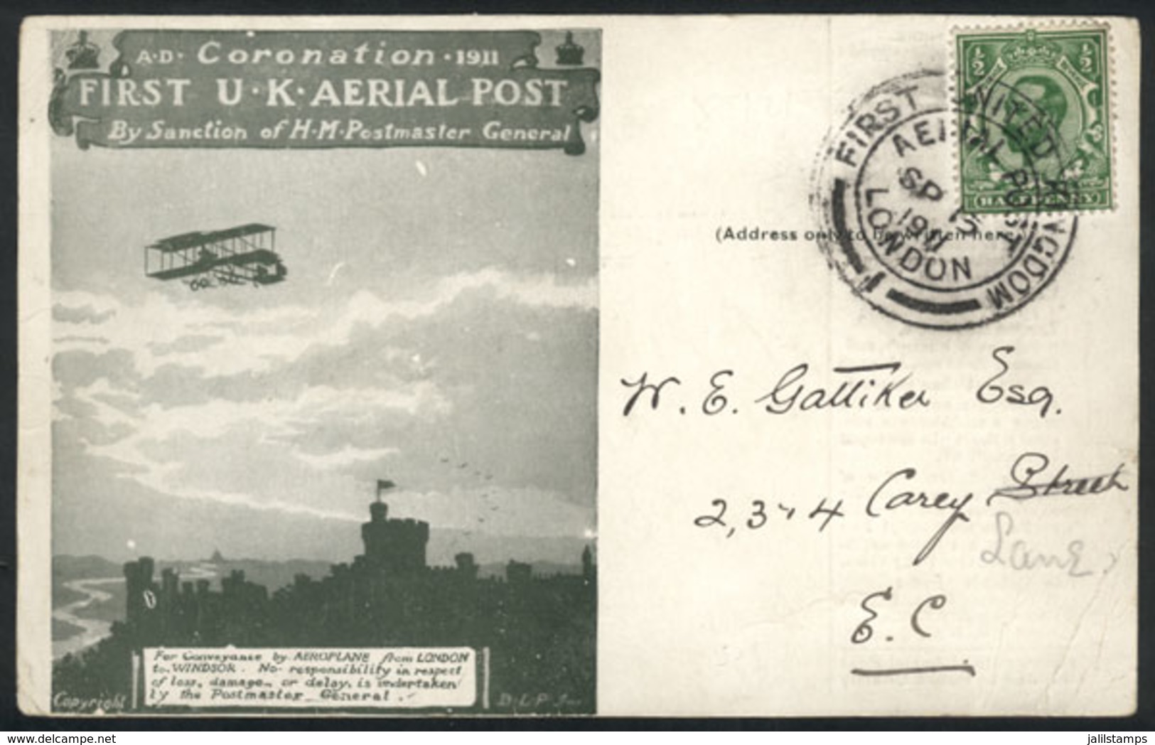 656 GREAT BRITAIN: 15/SE/1911 First UK Aerial Post, Commemorating The Coronation, Special Card With Minor Corner Defect, - ...-1840 Préphilatélie