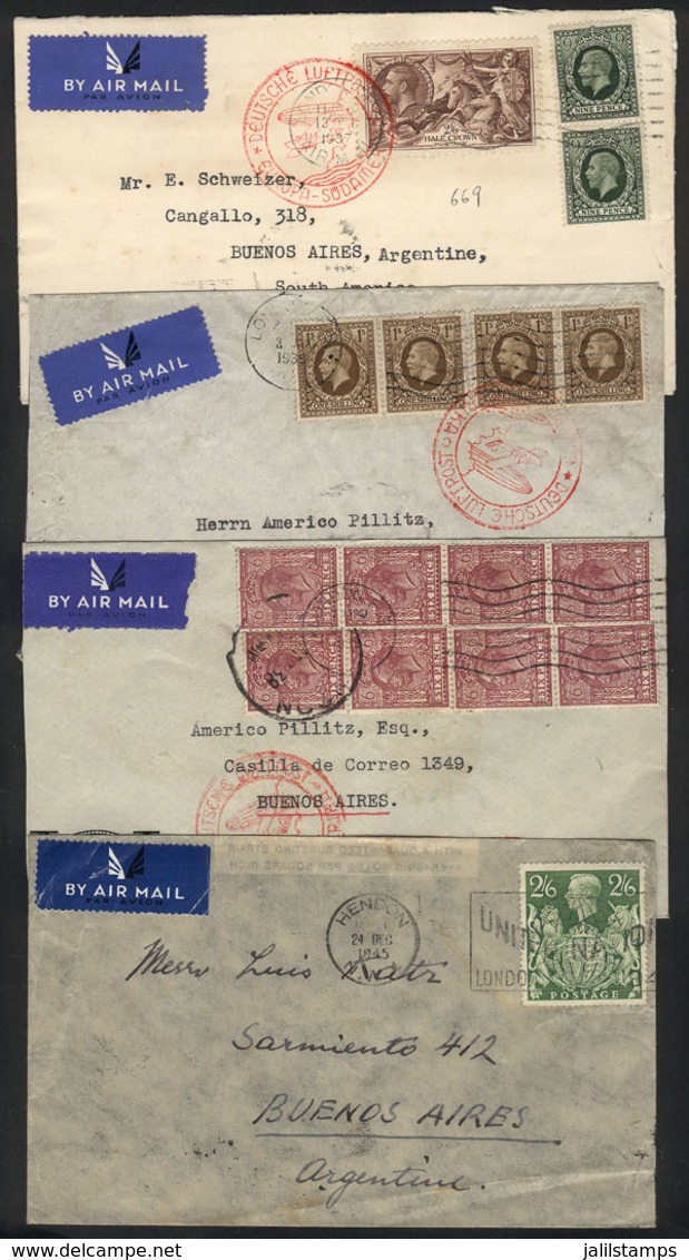 659 GREAT BRITAIN: 4 Airmail Covers Posted To Argentina Between 1937 And 1945, 3 Via Germany (with Red Marks Of DLH), Ni - ...-1840 Prephilately