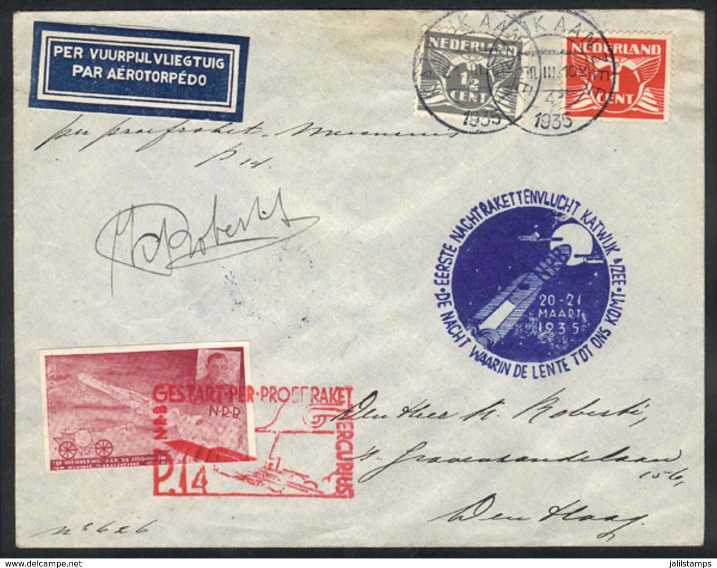 673 NETHERLANDS: 21/MAR/1935 Cover Flown By Postal Rocket, With Cinderella With Special Red Handstamp + Signed By Robert - Poststempels/ Marcofilie