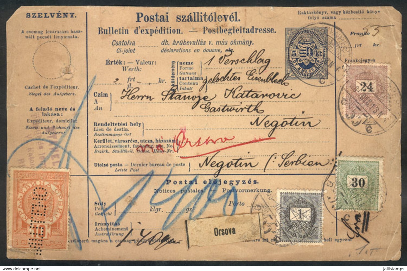 683 HUNGARY: Despatch Note For A Parcel Post Sent From Budapest To Serbia On 13/DE/1908 With Nice Postage And A Revenue  - Autres & Non Classés