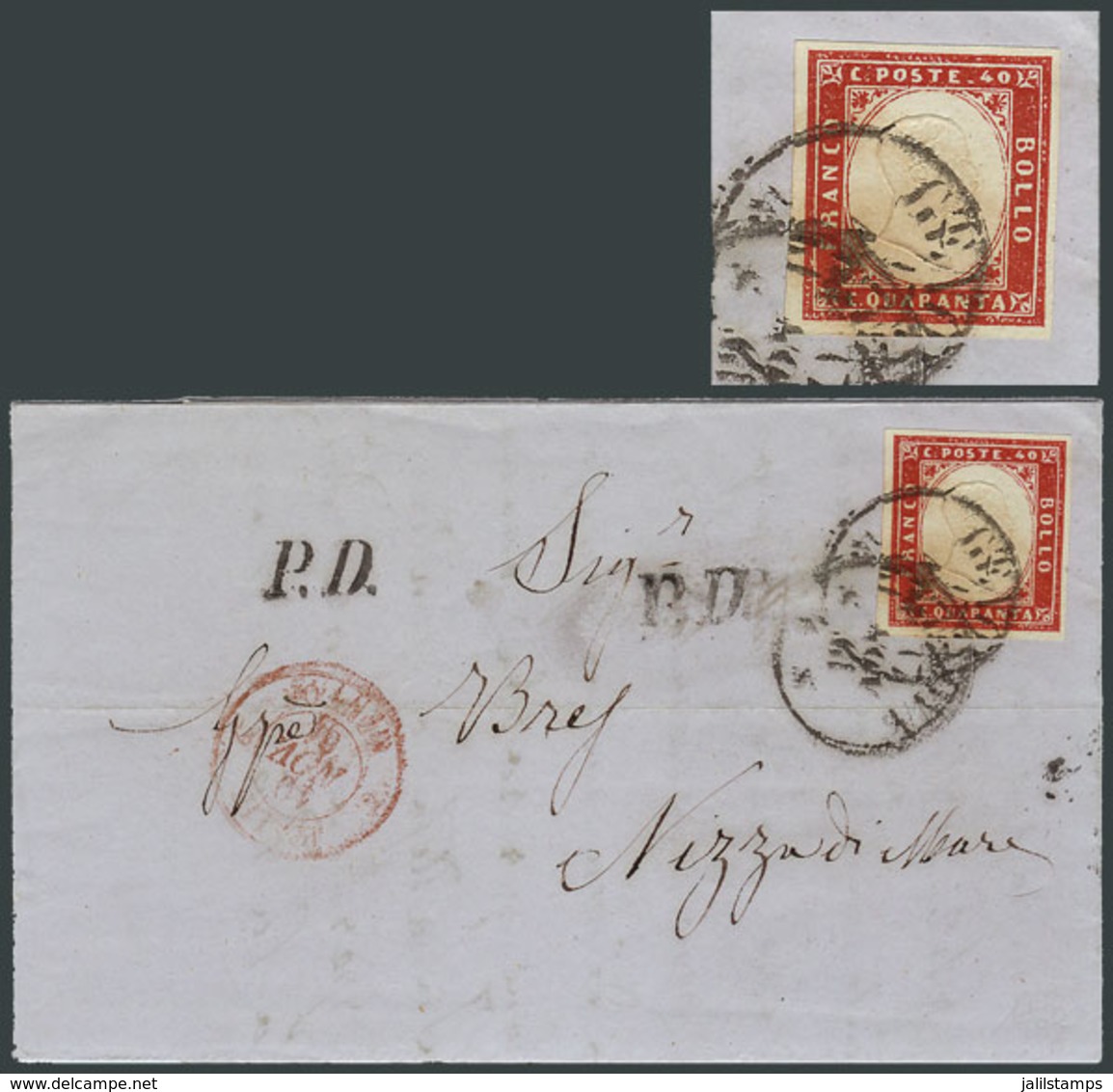 706 ITALIA: Sc.13, 1855/63 40c. Red, 4 Complete Margins, Franking A Letter Sent From Genova To Niza On 17/NO/1861, Excel - Sardinia