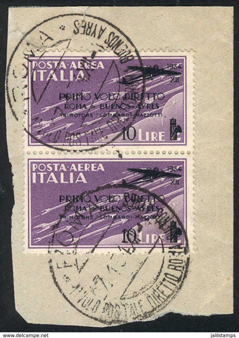 711 ITALY: Sc.C55, 1934 10L. Direct Flight Roma-Buenos Aires, Pair Used On Fragment, Excellent Quality, Catalog Value US - Unclassified