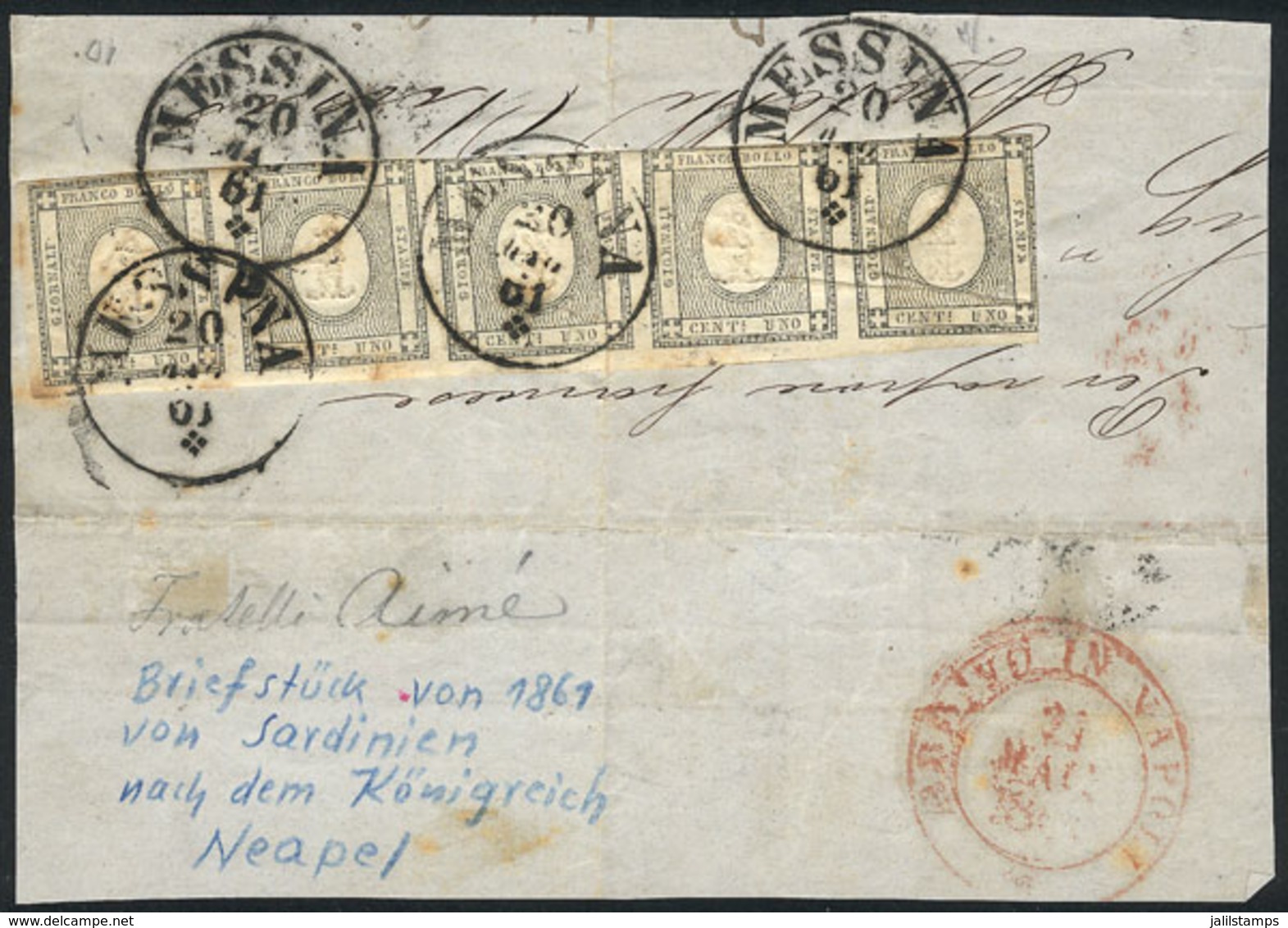712 ITALY: 1c. Newspaper Stamp Of 1861 (Sc.P1) In Strip Of 5, Franking A Large Fragment Of A Cover Sent From MESSINA To  - Zonder Classificatie