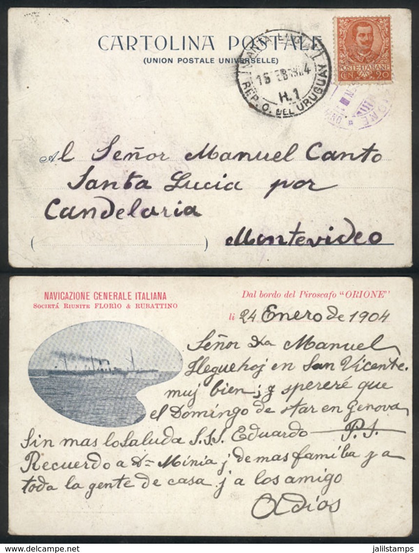 713 ITALY: Postcard With View Of Piroscafo Orione Posted At Sea From The Ship To Uruguay On 24/JA/1904, With Italian Pos - Non Classés