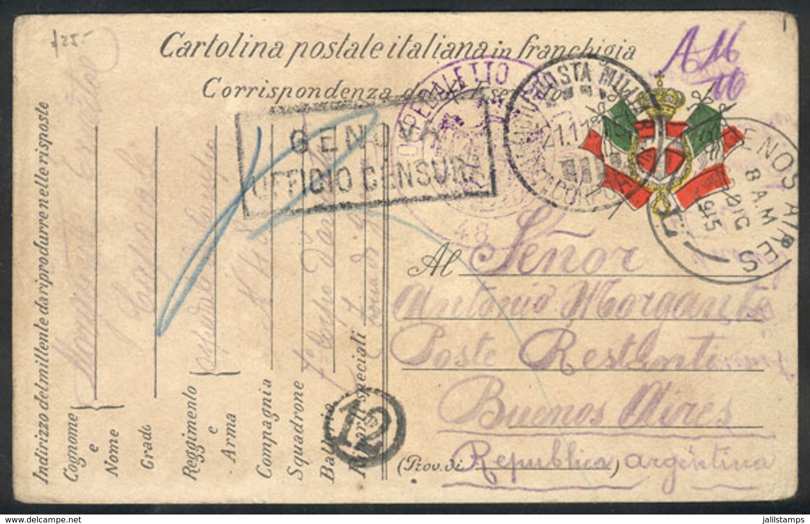 715 ITALY: Card For Soldiers In The War Front, Sent To Argentina On 21/NO/1915, VF Quality, Rare Destination! - Zonder Classificatie