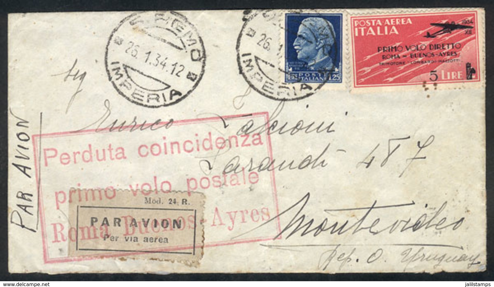 720 ITALY: "Airmail Cover Sent From San Remo To Montevideo On 26/JA/1934 Franked By Sc.C54 + Another Value (US$600 On Fl - Non Classés
