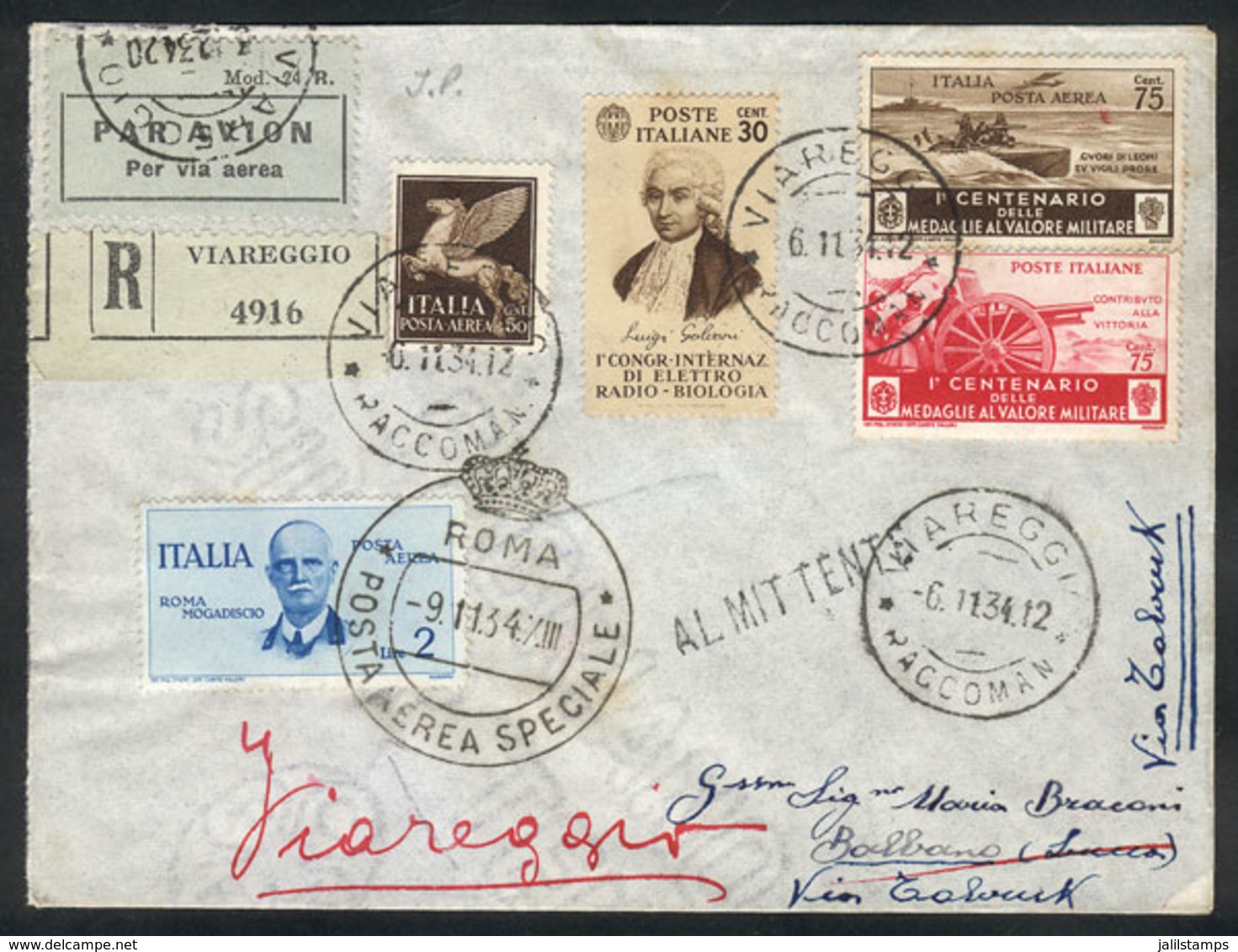 721 ITALY: 9/NO/1934 Roma - Tobruk: First Airmail By Ala-Littoria, Cover With Special Handstamp And Arrival Mark, Excell - Non Classés