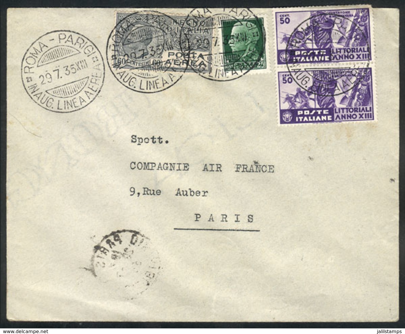 725 ITALY: 29/JUL/1935 Roma - Paris: First Flight By Air France, Cover Of Very Fine Quality! - Non Classés