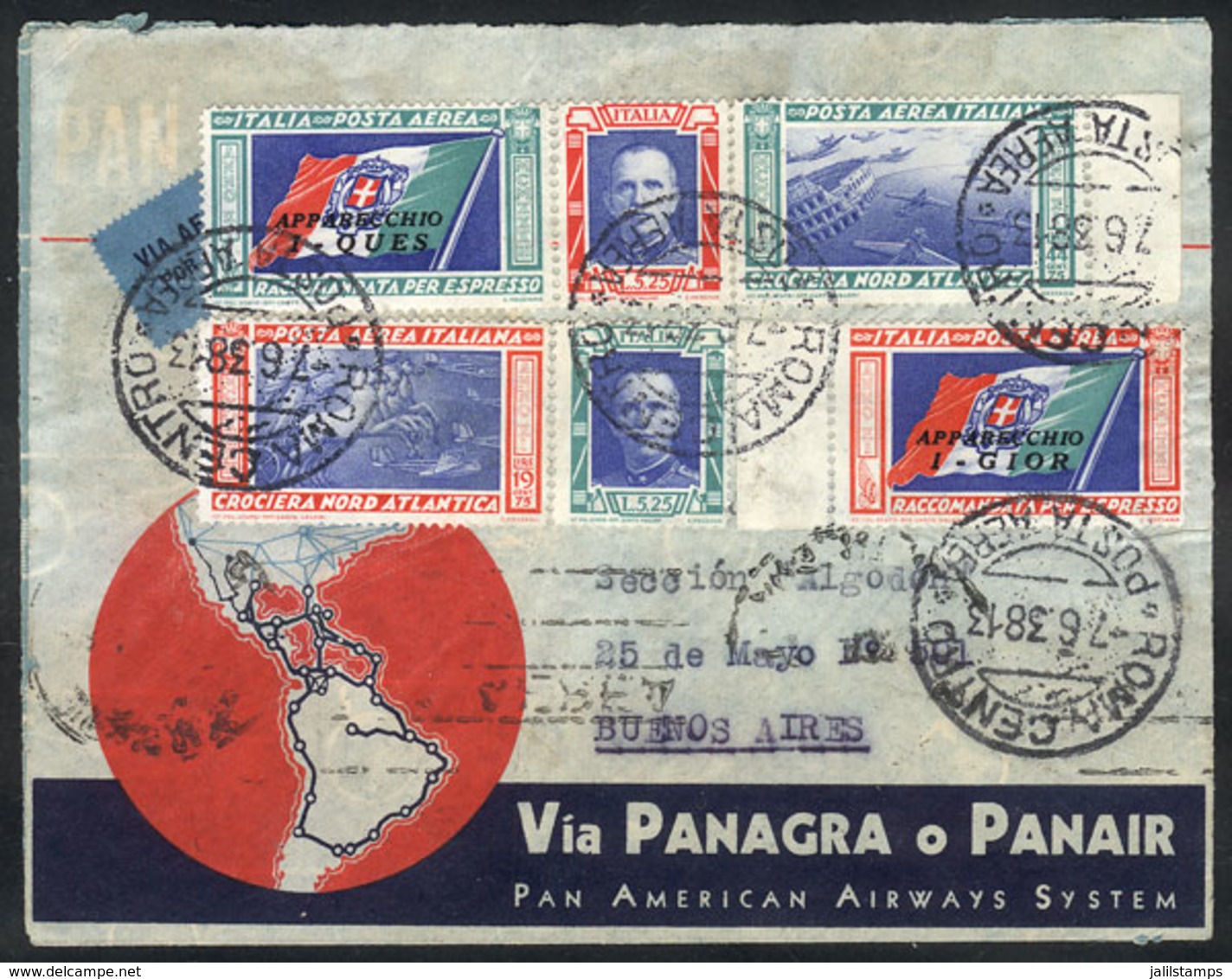 726 ITALY: Airmail Cover Franked By Sc.C48 And C49, Sent From Roma To Buenos Aires On 7/JUN/1938, With Arrival Backstamp - Unclassified