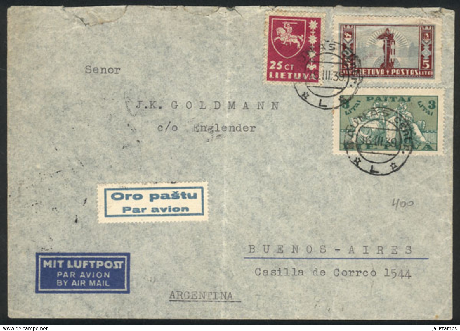 760 LITHUANIA: Airmail Cover Sent From Kaunas To Argentina On 16/MAR/1939 Via Germany (with Transit Mark Of Berlin On Ba - Lithuania