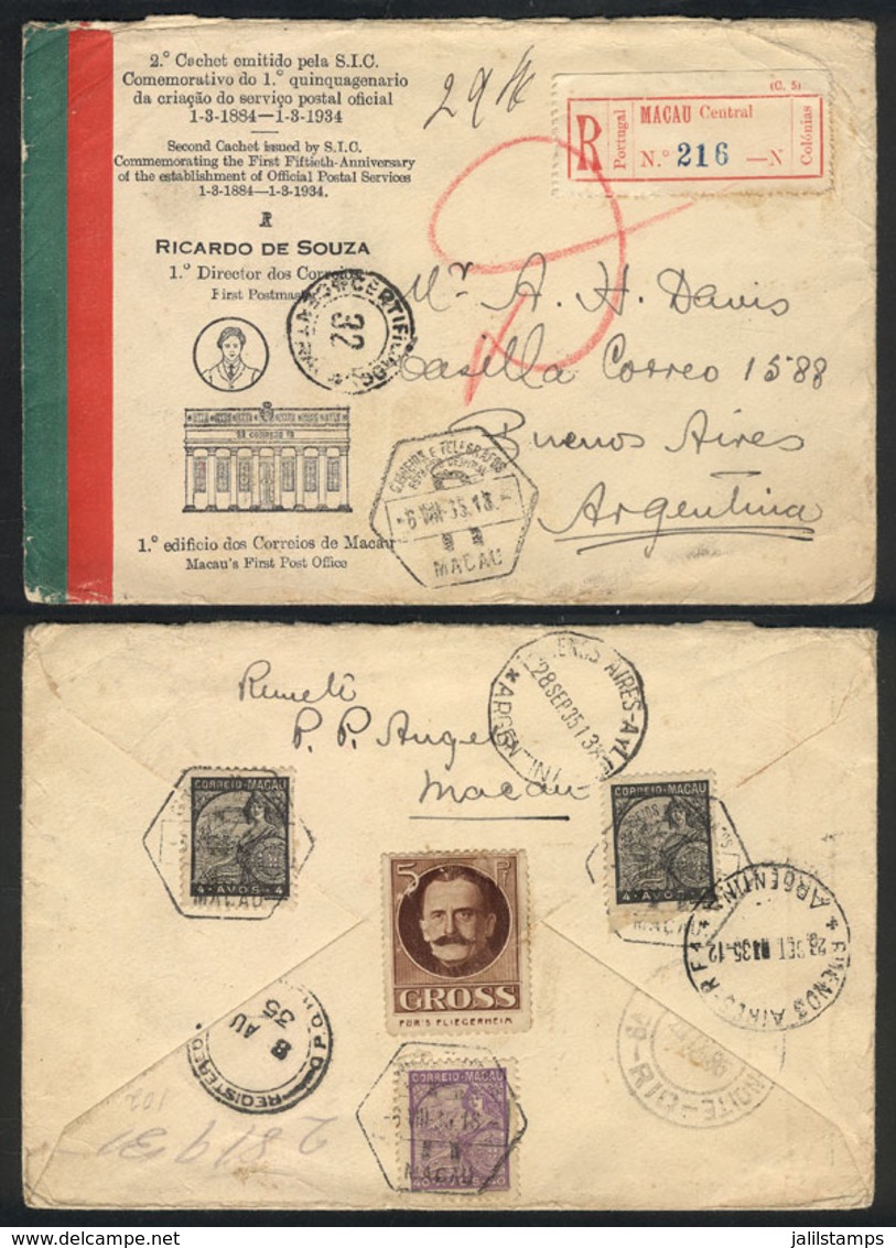 764 MACAU: Registered Cover Sent To Argentina On 6/AU/1935 With Nice Postage On Back, VF Quality, Rare Destination! - Autres - Asie