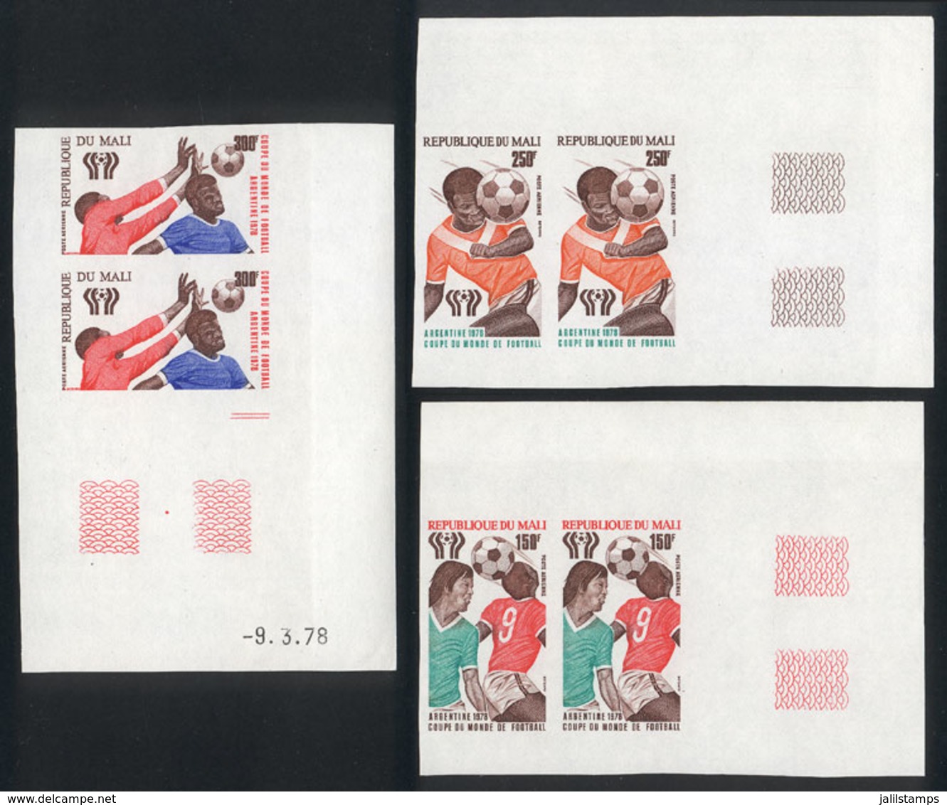 770 MALI: Sc.326/328, 1978 Argentina Football World Cup, Cmpl. Set Of 3 Values In IMPERFORATE PAIRS With Sheet Corner, V - Mali (1959-...)