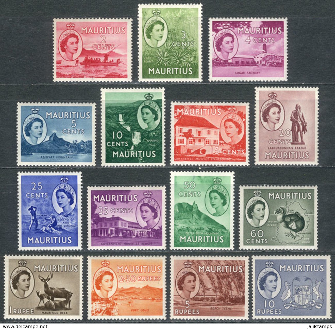 774 MAURITIUS: Sc.251/265, 1953/4 Complete Set Of 15 Values (ships, Animals, Flora, Waterfalls, Etc), Unmounted, VF Qual - Mauricio (1968-...)