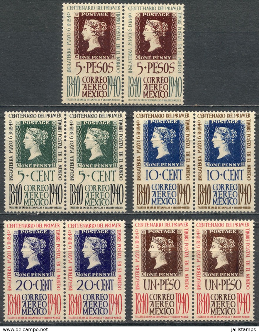 775 MEXICO: Sc.C103/C107, 1940 Stamp Centenary, Cmpl. Set Of 5 Values In Pairs, Mint Very Lightly Hinged, Dark Gum, Fine - Mexico