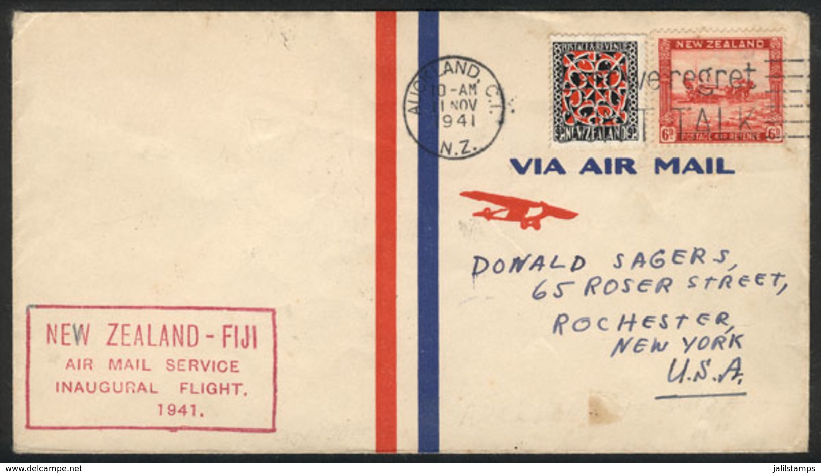 792 NEW ZEALAND: 11/NO/1941 Auckland - Suva (Fiji): First Flight, Cover With Arrival Backstamp, VF Quality! - Other & Unclassified