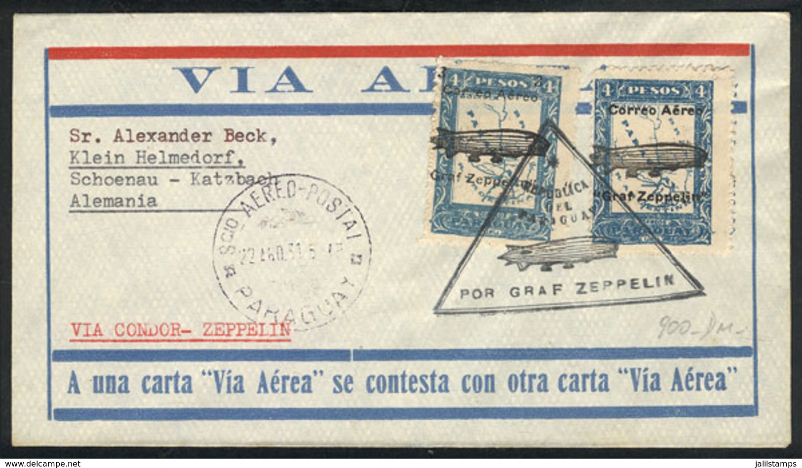 798 PARAGUAY: 22/AU/1931 Asunción - Germany: Cover Flown By Zeppelin, Franked By Sc.C54/55, With Arrival Friedrichshafen - Paraguay