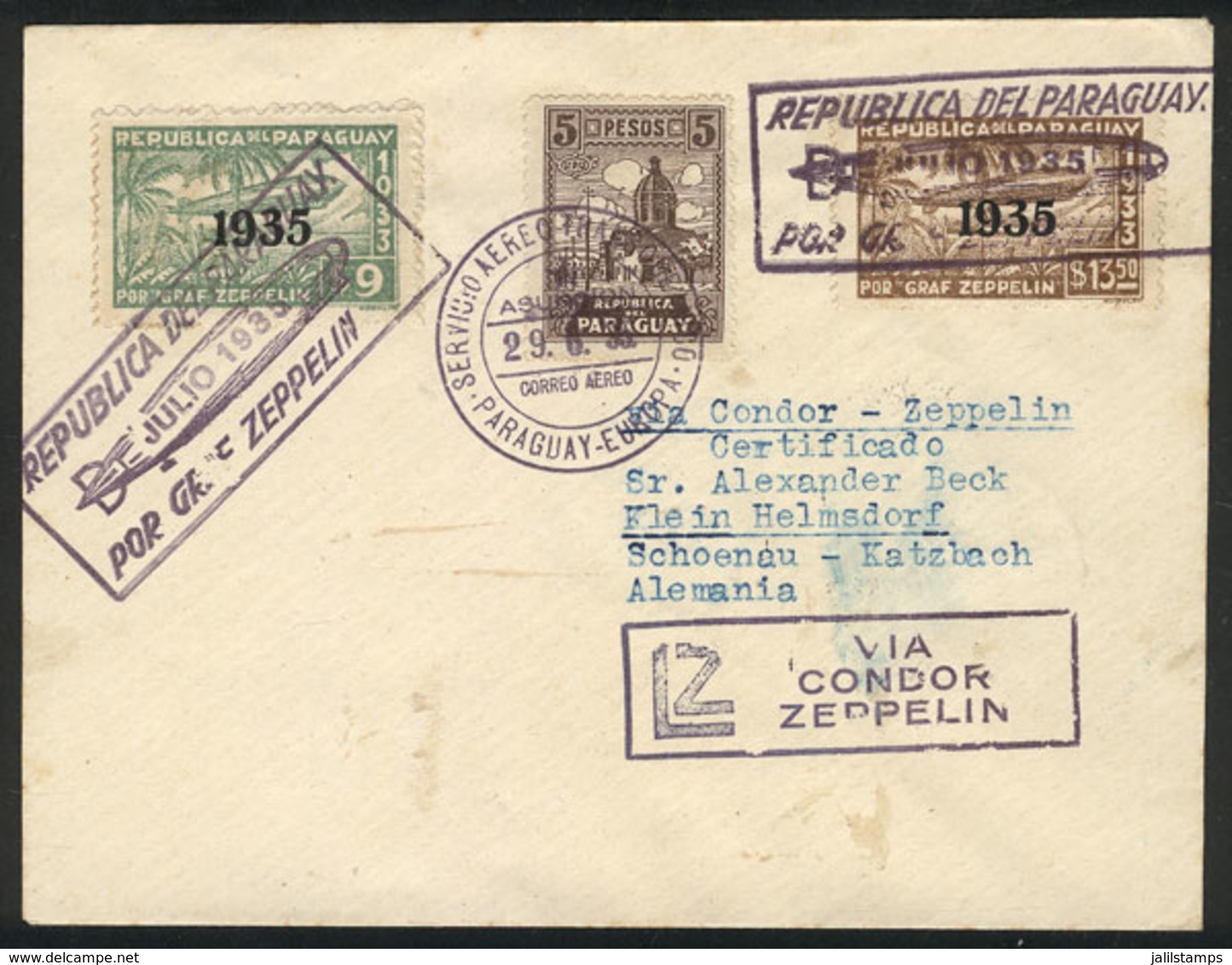 800 PARAGUAY: 29/JUN/1935 Asunción - Germany: Cover Flown By Zeppelin, Arrival Backstamp, VF Quality! - Paraguay
