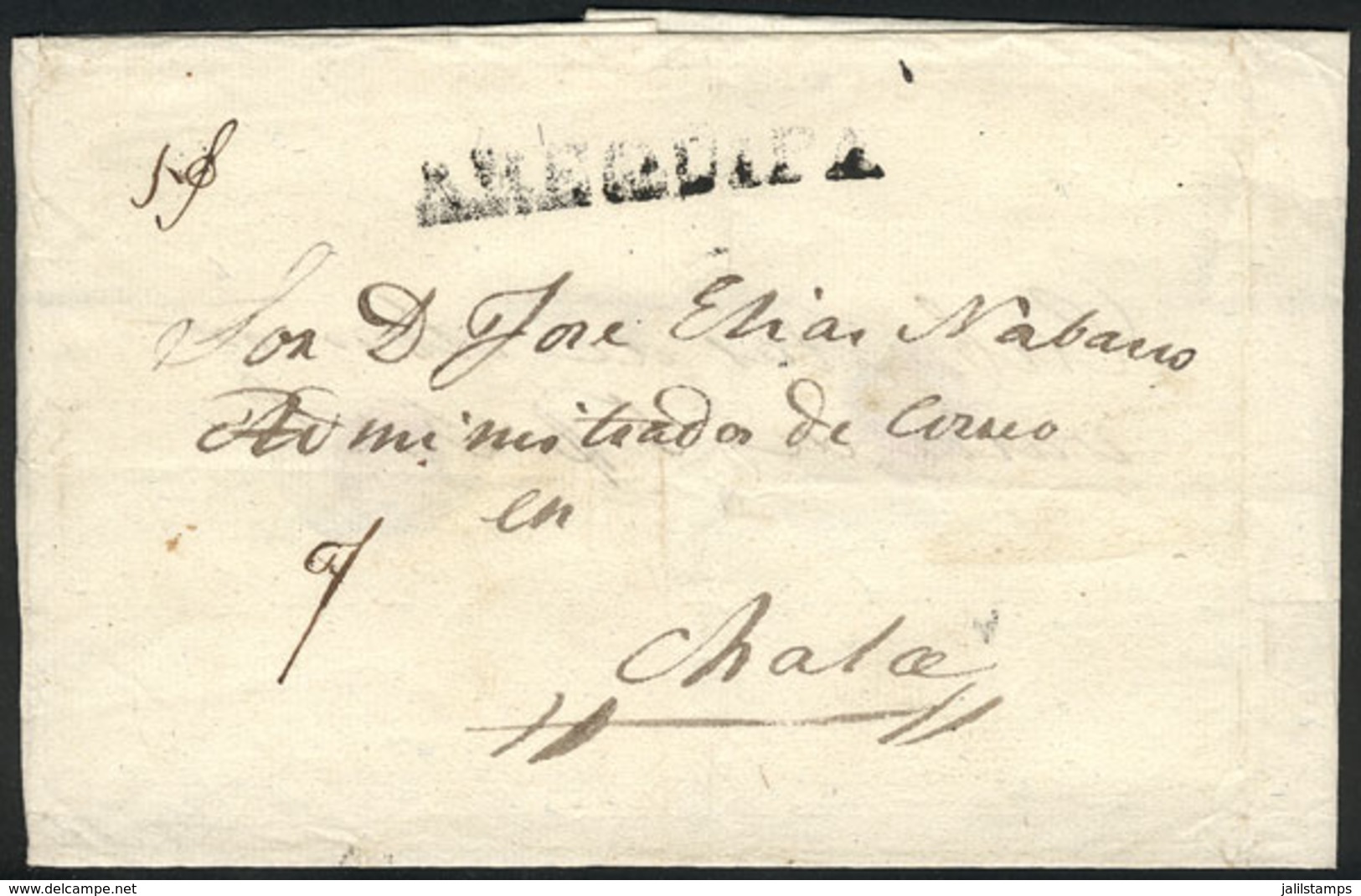 808 PERU: Circa 1840, Official Folded Cover Sent To Chala, With Straightline Black AREQUIPA Mark, VF Quality! - Pérou