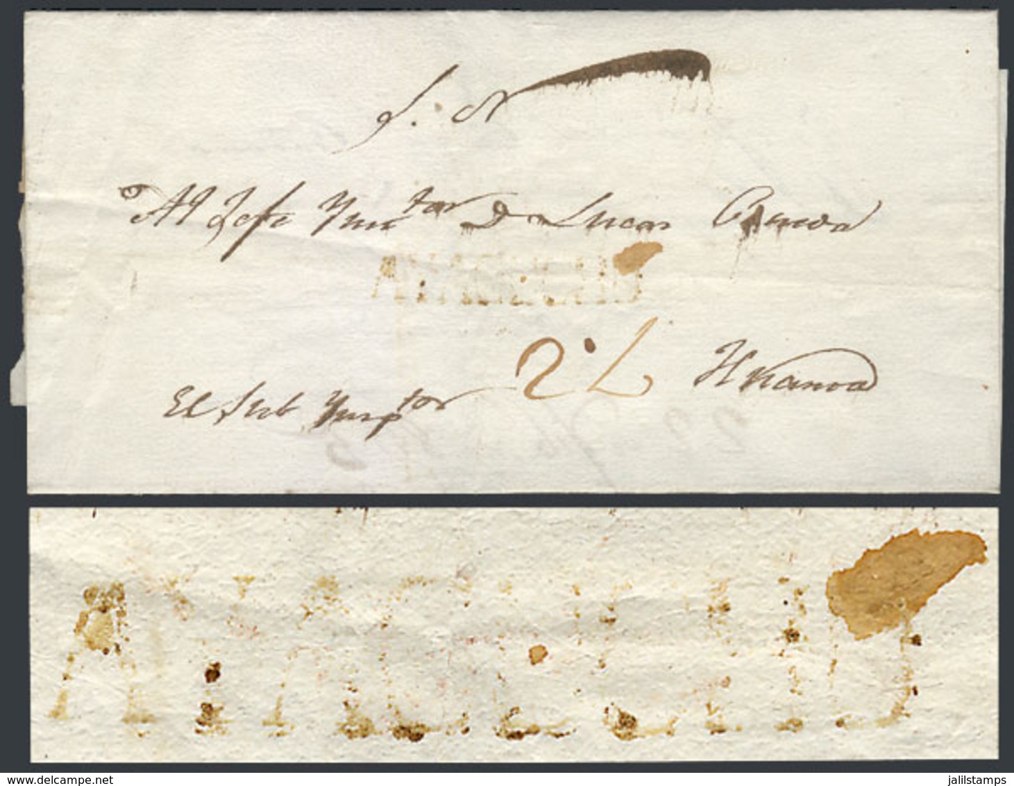 810 PERU: Official Folded Cover Sent To Huancavélica In 1835, With Straightline Red AYACUCHO Mark, VF Quality! - Peru