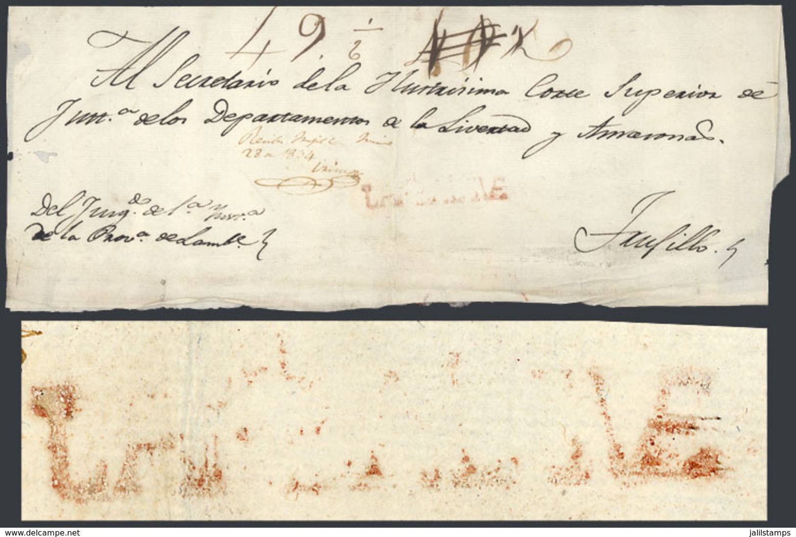 815 PERU: Official Folded Cover Dated In 1834, To Trujillo, With Straightline Red LAMBAYEQUE Mark, Very Nice! - Pérou