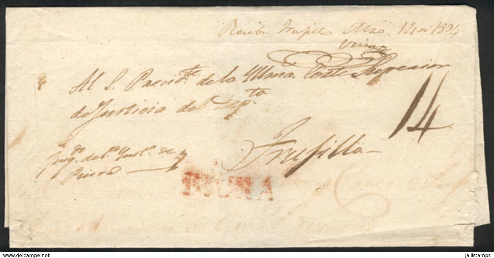 820 PERU: Official Folded Cover Sent To Trujillo In 1834, With Straightline Red PIURA Mark, VF Quality! - Peru