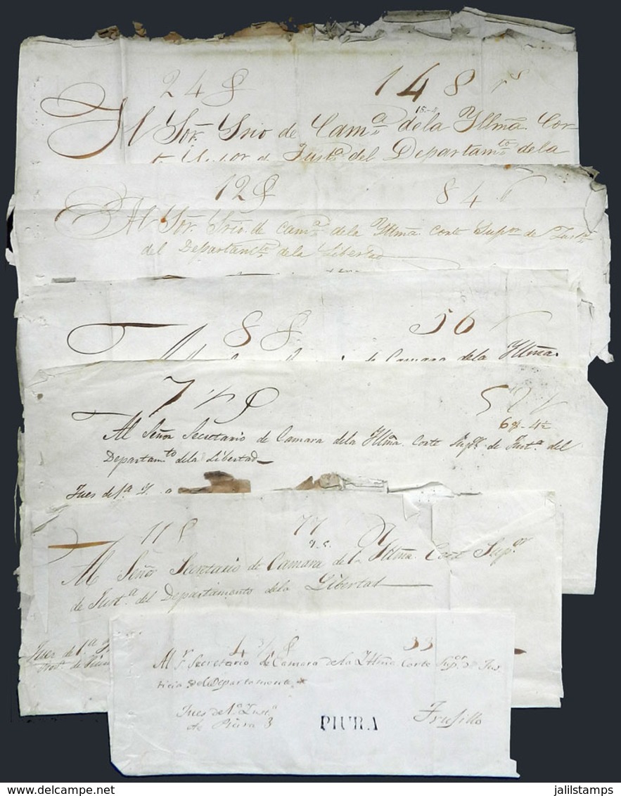 821 PERU: 6 Official Folded Covers Sent To Trujillo Between 1843 And 1849, All With Straightline Black PIURA Mark, VF Ge - Peru