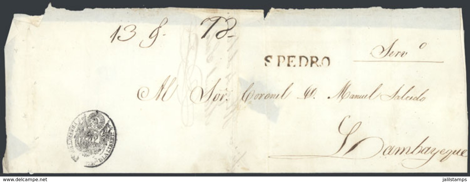 822 PERU: "Official Folded Cover Sent To Lambayeque In 1844, With Straightline Black ""S.PEDRO"" Mark Perfectly Applied, - Peru