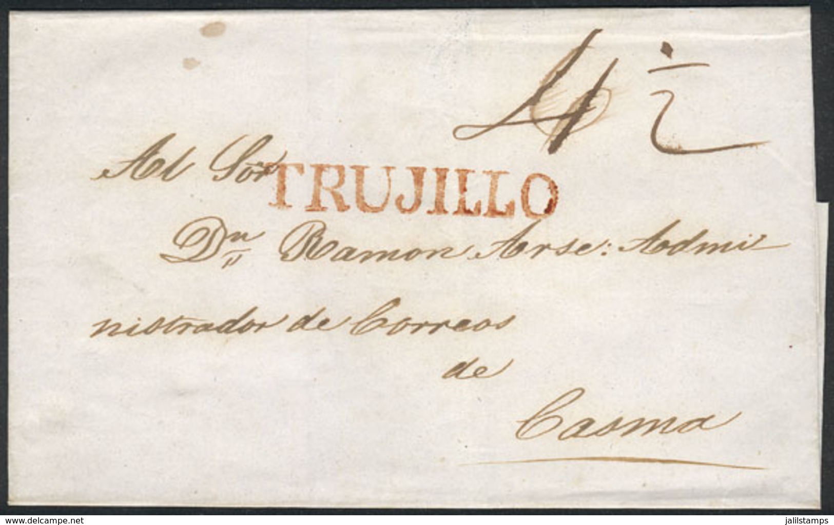 823 PERU: Circa 1840, Folded Cover Sent To Casma, With Red TRUJILLO Mark Perfectly Applied, Excellent Quality! - Peru