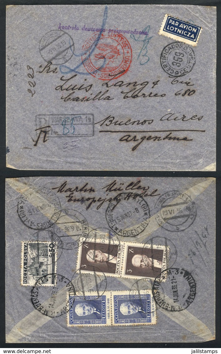 826 POLAND: Registered Airmail Cover Sent From Warzawa To Argentina On 9/JUN/1936, With Nice Postage On Back And Many Po - Andere & Zonder Classificatie
