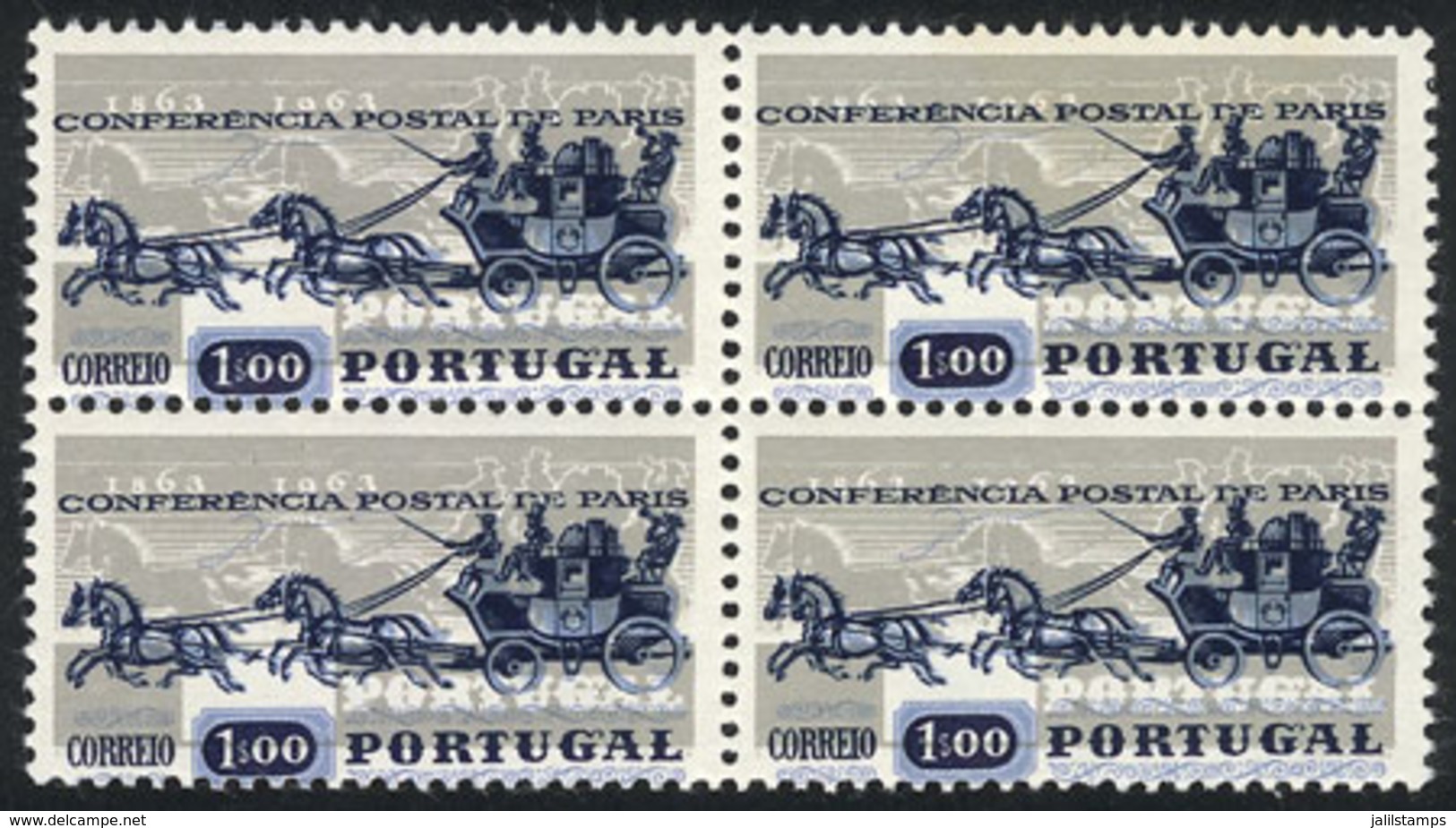 830 PORTUGAL: Sc.906, 1963 1E. Postal Conference Of Paris, Block Of 4 With VARIETY: Light Blue And Dark Blue Colors With - Autres & Non Classés