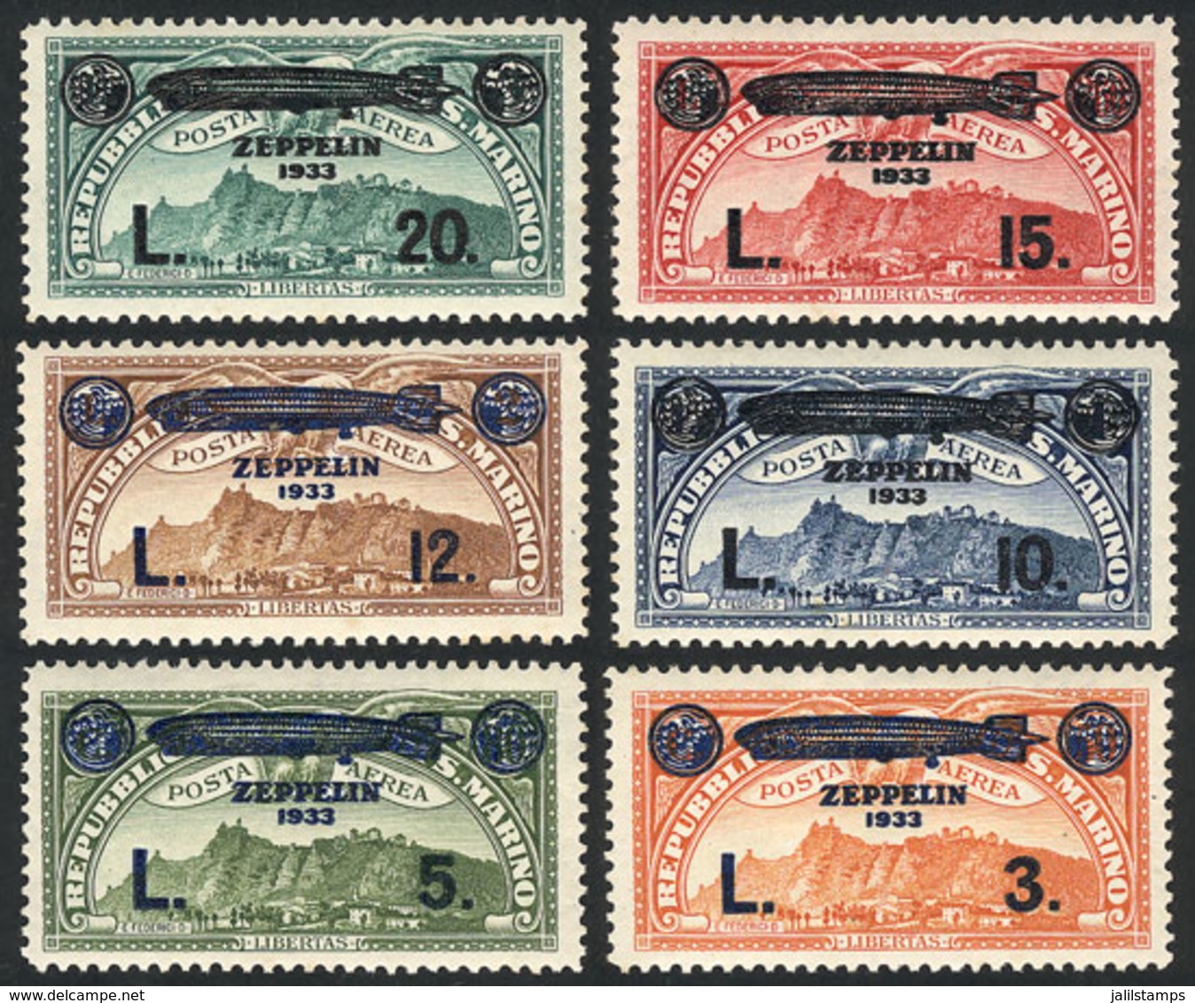 839 SAN MARINO: Sc.C11/C16, 1933 Zeppelin, Complete Set Of 6 Values Very Lightly Hinged. A Couple Of Stamps With Very Sm - Other & Unclassified