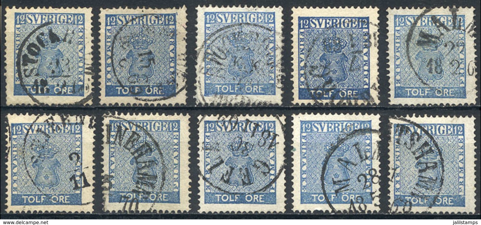 845 SWEDEN: Sc.8, Lot Of 10 Used Examples, VF Quality, Nice Cancels! - Autres & Non Classés