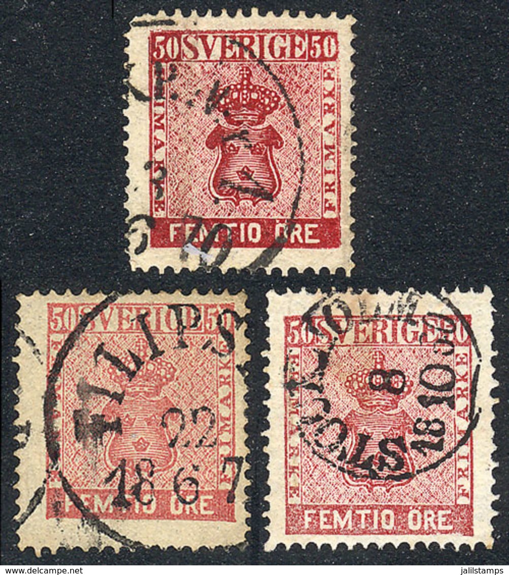 846 SWEDEN: Sc.12 + 12a + 12b, 1858/62 50o In The 3 Colors, Used, Very Fine Quality, Catalog Value US$330. - Andere & Zonder Classificatie