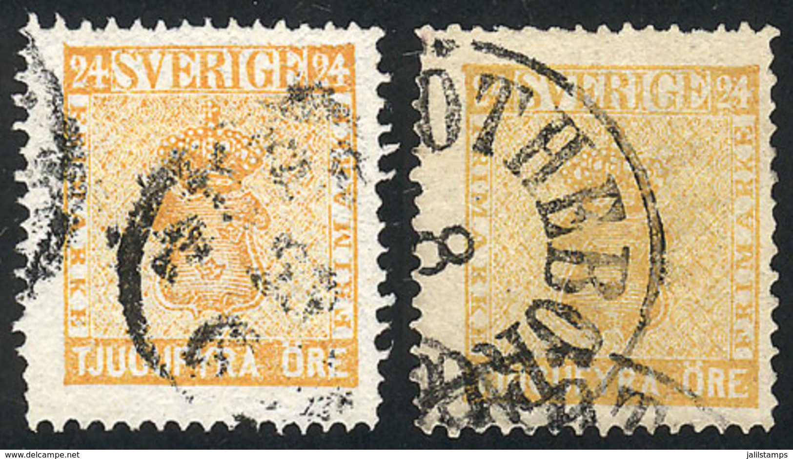 852 SWEDEN: Sc.10 + 10a, 1858 24o. Orange And Yellow, Used, Fine Quality, Catalog Value US$90. - Other & Unclassified