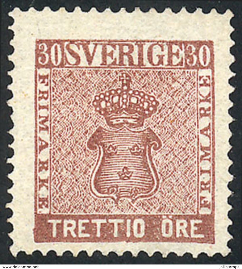 853 SWEDEN: Sc.11, 1858 30o. Brown, Mint No Gum, VF Quality, Catalog Value US$500. - Autres & Non Classés