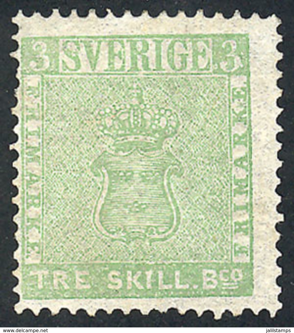 854 SWEDEN: Sc.1q, 1868 3s. Green, Second Reprint, Mint No Gum, Fine To VF Quality, Catalog Value US$460. - Other & Unclassified