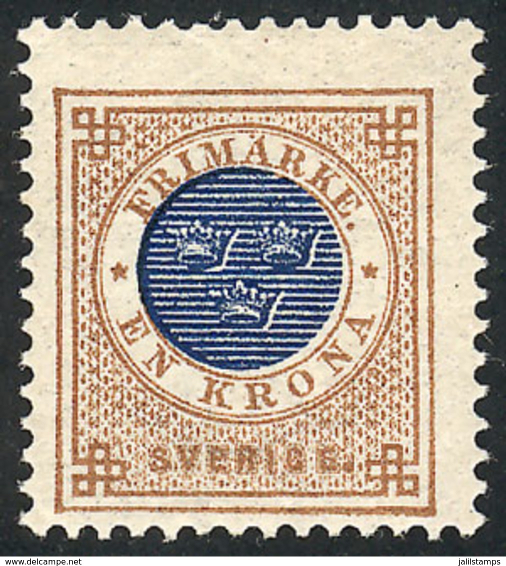 859 SWEDEN: Sc.49, 1886/91 1Kr. Bistre And Dark Blue, Mint, VF Quality, Catalog Value US$100. - Autres & Non Classés