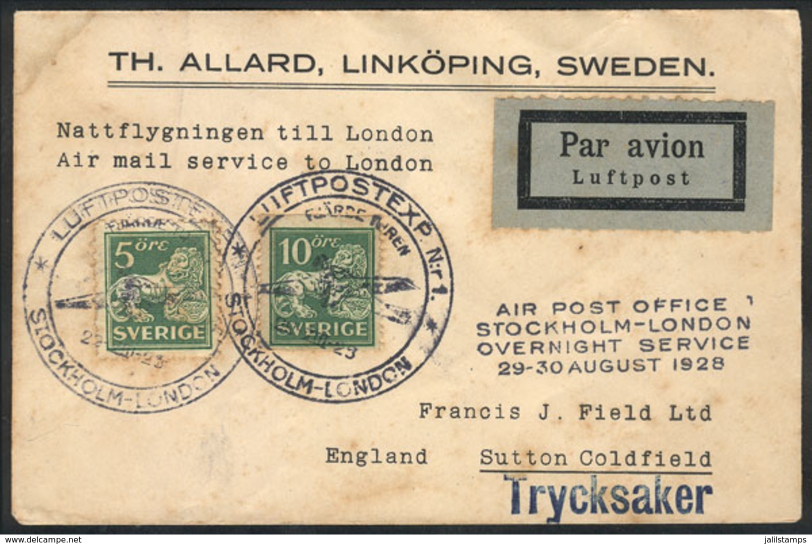 860 SWEDEN: 29/AU/1928 Night Flight Stockholm - London, Nice Cover, Without Arrival Backstamp. - Other & Unclassified