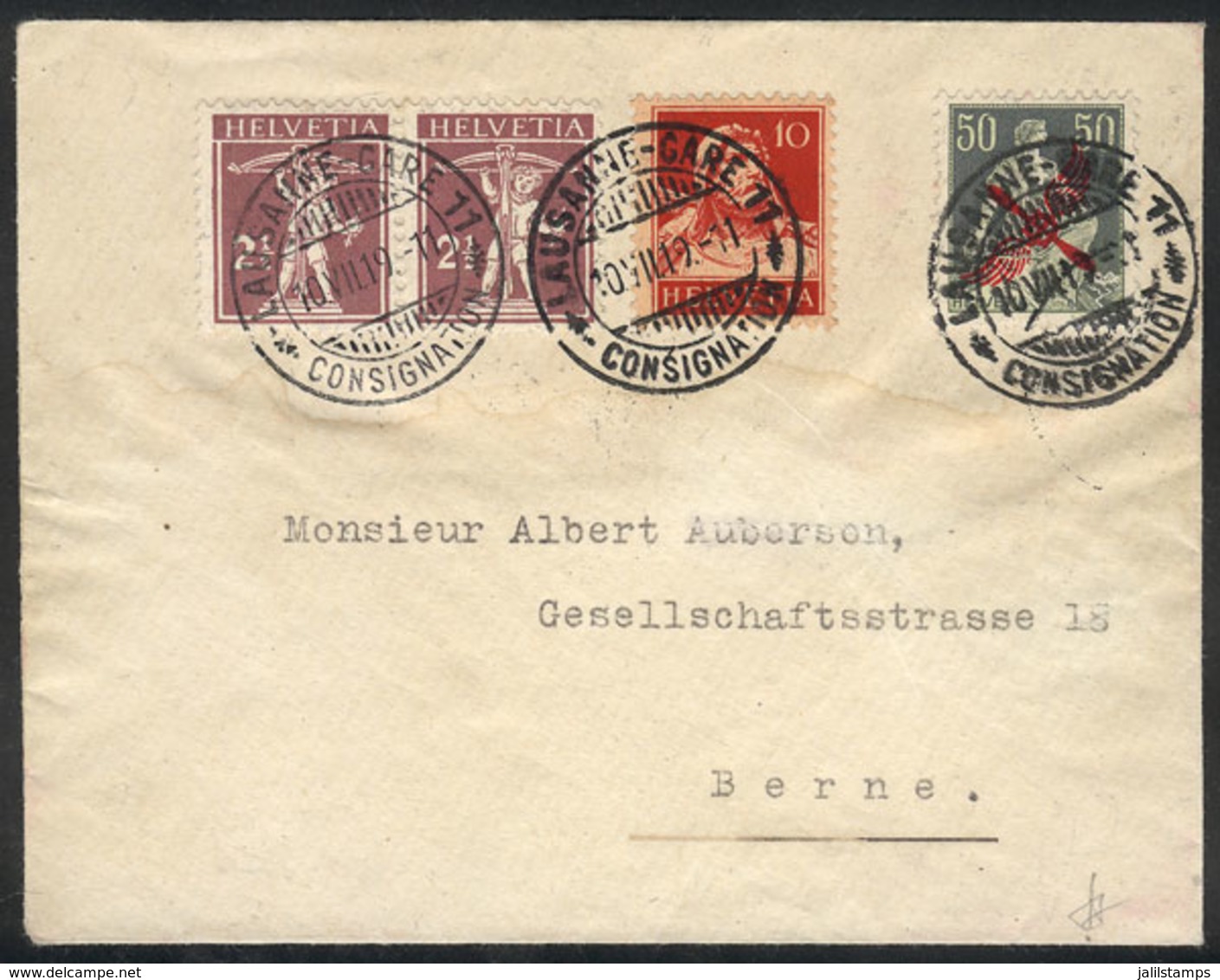 870 SWITZERLAND: 10/JUL/1919 Lausanne - Berne, Cover Franked By Sc.C2 + Other Values, VF Quality! - ...-1845 Voorlopers