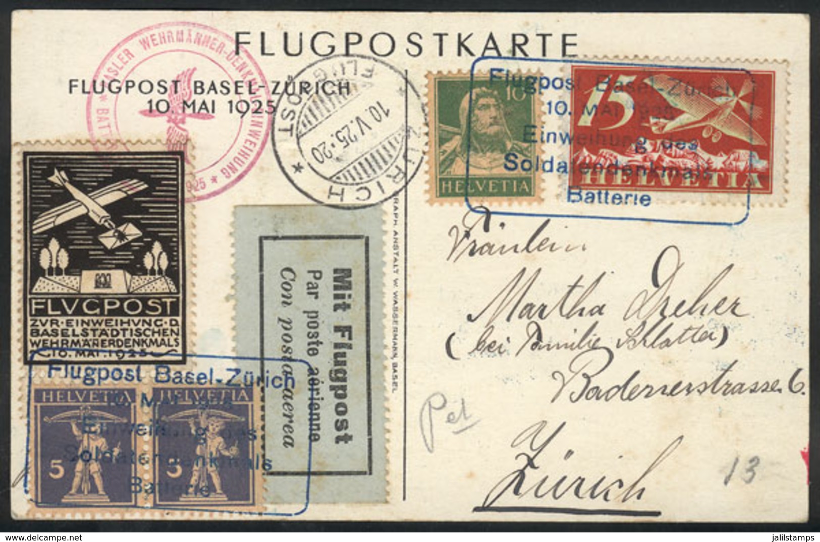 872 SWITZERLAND: 10/MAY/1925 Flight Basel - Zürich, Postcard With Cinderella And Special Cancels, VF Quality! - ...-1845 Préphilatélie